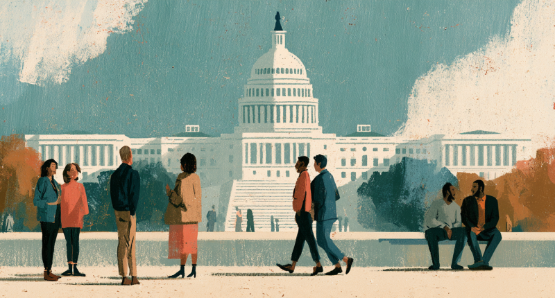 People interacting in front of the U.S. Capitol suggests how citizens defend the Constitution by a willingness to compromise.