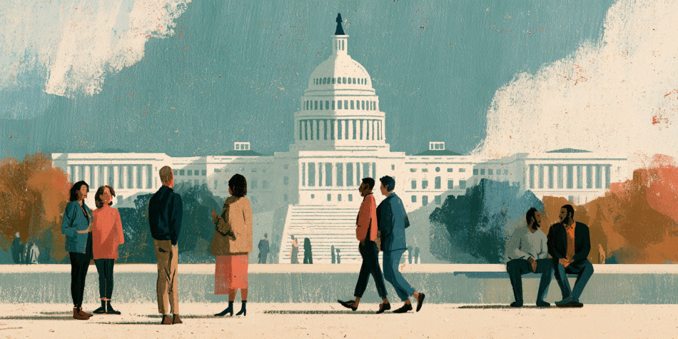 People interacting in front of the U.S. Capitol suggests how citizens defend the Constitution by a willingness to compromise.