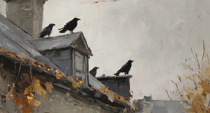A roofline under gray skies with several crows perched along the ridge, one crow pecking near a skylight, a gutter visibly clogged with wet leaves and peanut shells, early morning light. Peacemaking grows harder when daily irritations pile up like debris.