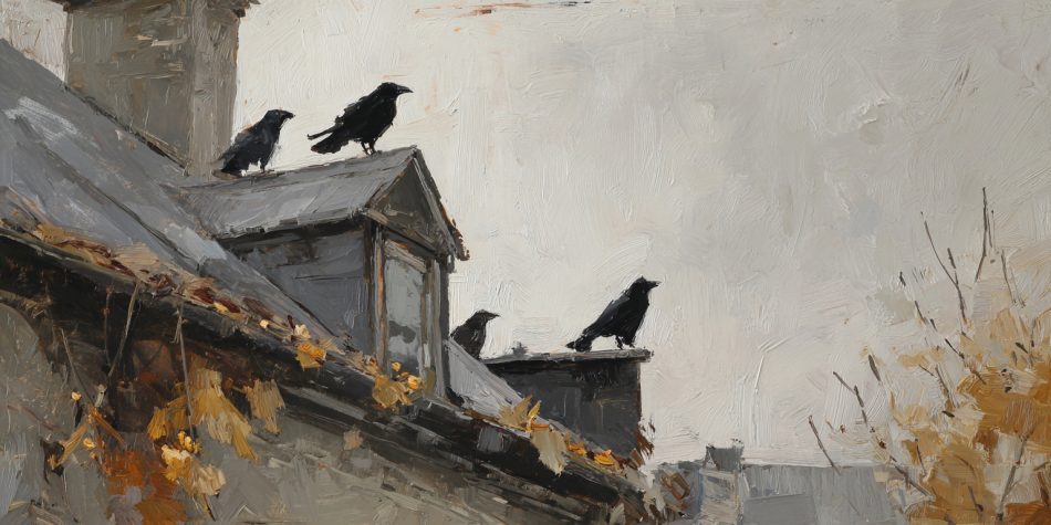 A roofline under gray skies with several crows perched along the ridge, one crow pecking near a skylight, a gutter visibly clogged with wet leaves and peanut shells, early morning light. Peacemaking grows harder when daily irritations pile up like debris.