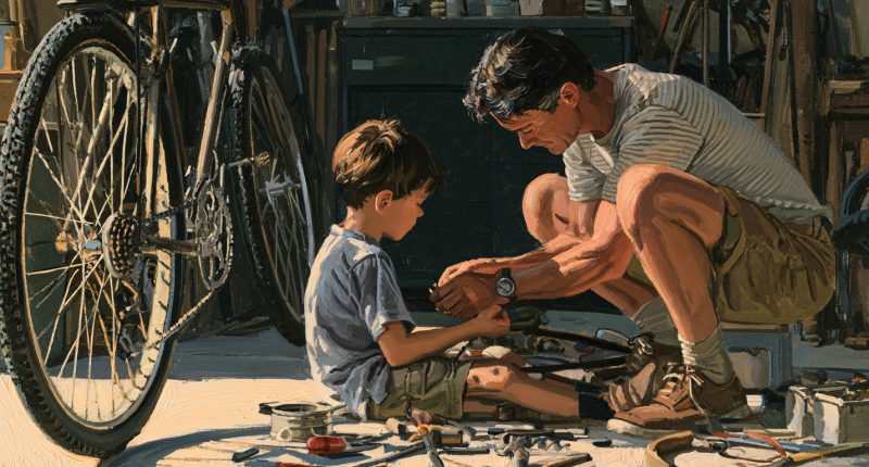 A father teaches his son to repair a bicycle, representing the quiet goodness and influence of ordinary men.