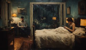 A distant couple in a bedroom illustrates the question, Is pornography harmful to love, trust, and connection?