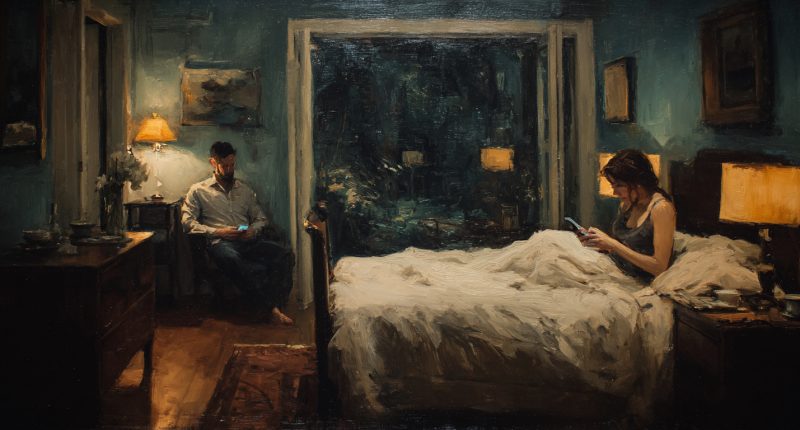 A distant couple in a bedroom illustrates the question, Is pornography harmful to love, trust, and connection?