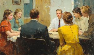 A ward council meets in quiet discussion, showing the gift of discernment working through councils and shared spiritual service.