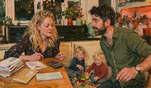 A family practices religious giving together around a household budget.