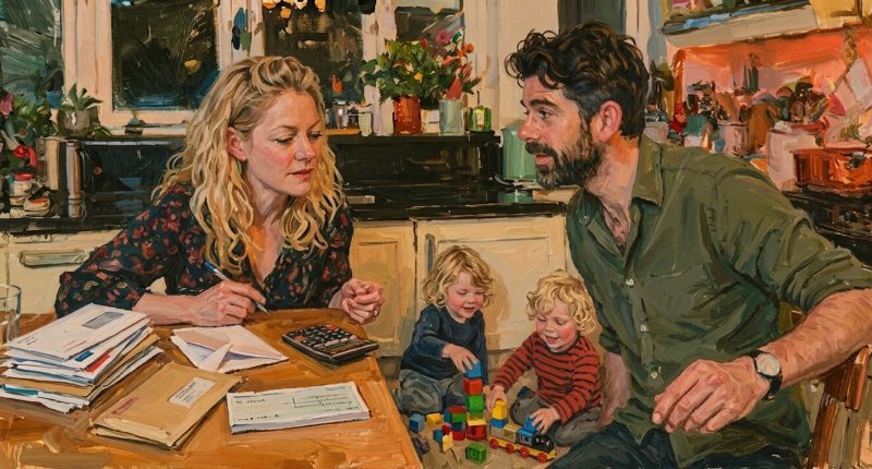 A family practices religious giving together around a household budget.