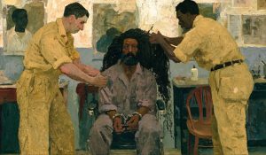 A prison intake room showing RLUIPA prison religious freedom through a man with dreadlocks and legal papers.