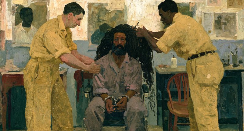 A prison intake room showing RLUIPA prison religious freedom through a man with dreadlocks and legal papers.