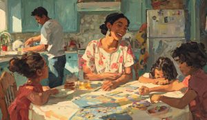 A woman talks with three children at a kitchen table while their father washes dishes behind them, illustrating division of roles and emotional labor in family life.