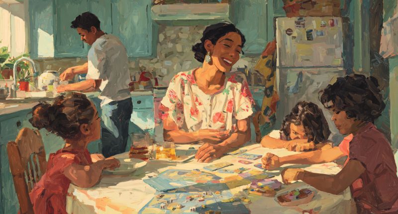 A woman talks with three children at a kitchen table while their father washes dishes behind them, illustrating division of roles and emotional labor in family life.