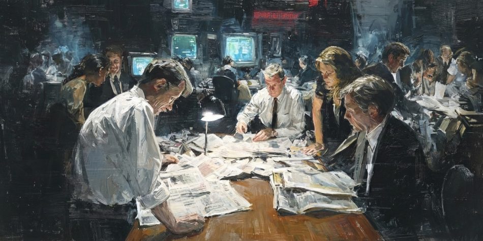 Reporters sift redacted pages after the Epstein files release.