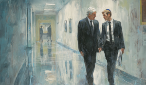 Two lawyers walk down a hallway.