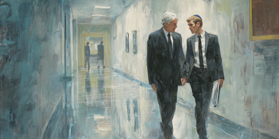 Two lawyers walk down a hallway.