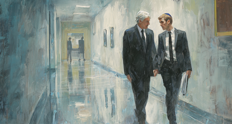 Two lawyers walk down a hallway.