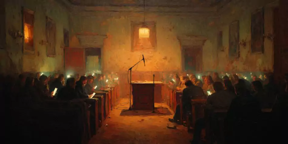 Alt Description: A quiet town hall echoes Iran Revolution democracy lessons as phones and surveillance overshadow dialogue.