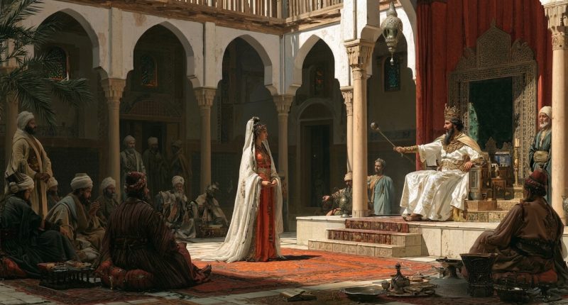 Queen Esther stands before the king in courage, representing the faith and influence of women in the scriptures.
