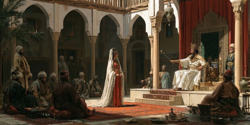 Queen Esther stands before the king in courage, representing the faith and influence of women in the scriptures.