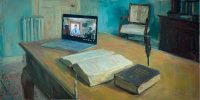 A tidy study with a closed Bible on a desk beside an open laptop showing a podcaster on a video feed, the chair slightly pulled back as if someone just stood up. The quiet room with competing sources of authority, reflecting how conspiracy theories can displace spiritual guardrails.