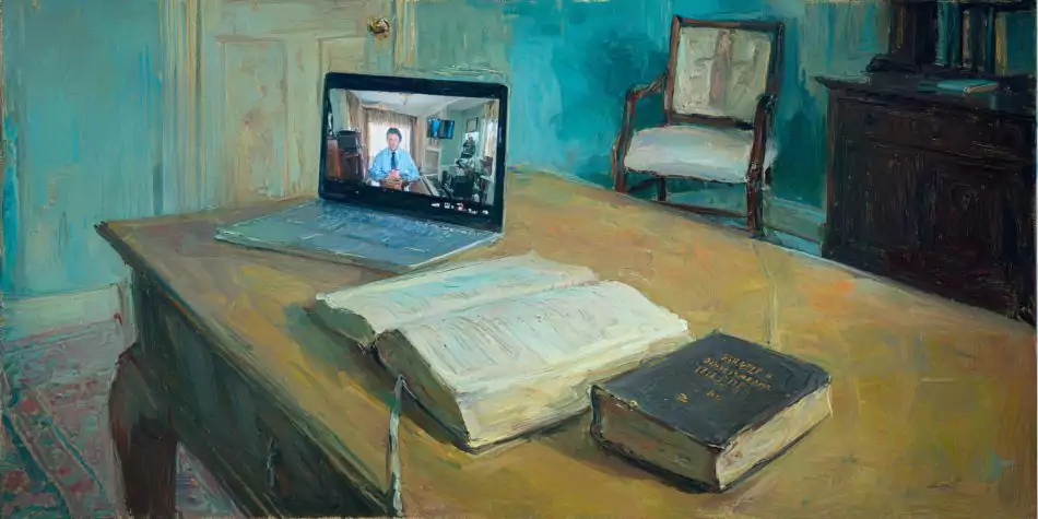 A tidy study with a closed Bible on a desk beside an open laptop showing a podcaster on a video feed, the chair slightly pulled back as if someone just stood up.