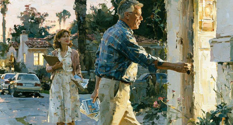 Church members canvass a California neighborhood, illustrating public participation as a responsibility of religious freedom.