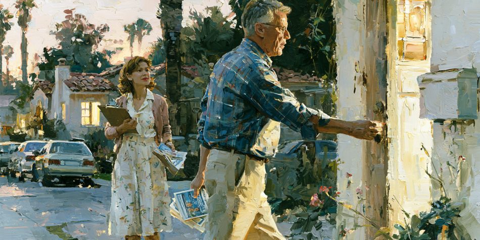 Church members canvass a California neighborhood, illustrating public participation as a responsibility of religious freedom.
