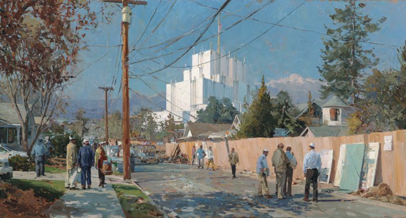 The Fairview Texas Temple rises behind a suburban street as officials stand near the construction fence.