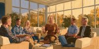 A Christian employee resource group discusses religion in the workplace in a bright, modern office.