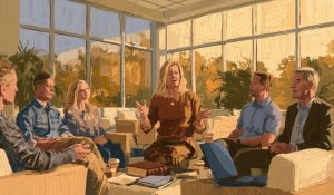 A Christian employee resource group discusses religion in the workplace in a bright, modern office.