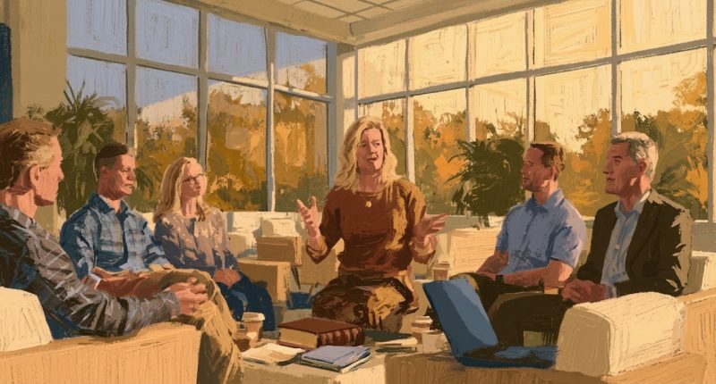 A Christian employee resource group discusses religion in the workplace in a bright, modern office.