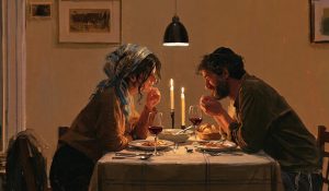 A Jewish couple shares a quiet shabbat dinner, in a moment of faith in marriage.