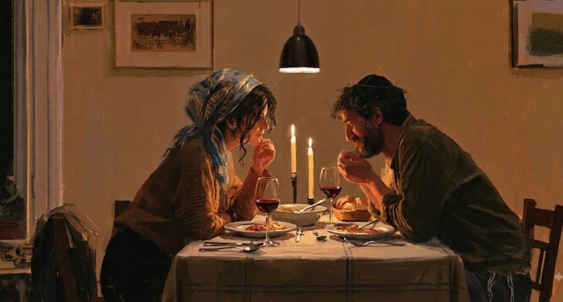 A Jewish couple shares a quiet shabbat dinner, in a moment of faith in marriage.