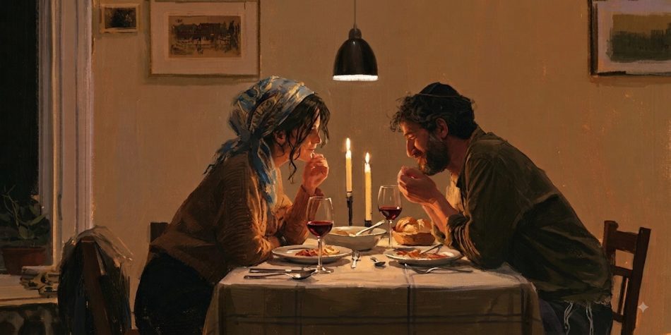 A Jewish couple shares a quiet shabbat dinner, in a moment of faith in marriage.