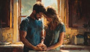A husband and wife step forward together, reflecting faith and marriage through renewal and shared strength.