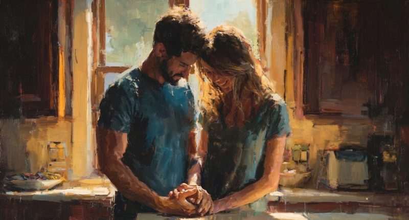A husband and wife step forward together, reflecting faith and marriage through renewal and shared strength.