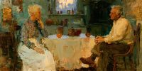 An older couple sits quietly in a farmhouse kitchen, reflecting the hope of further love and intimacy in eternal families.