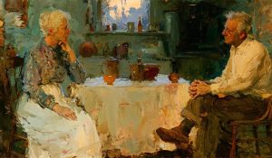 An older couple sits quietly in a farmhouse kitchen, reflecting the hope of further love and intimacy in eternal families.