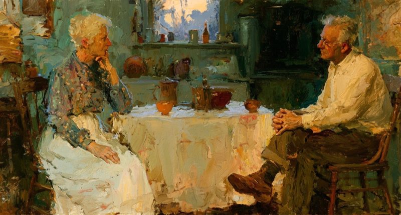 An older couple sits quietly in a farmhouse kitchen, reflecting the hope of further love and intimacy in eternal families.