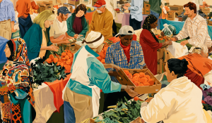 A colorful interfaith service scene with Latter-day Saint and Muslim volunteers providing food to Midwestern neighbors.