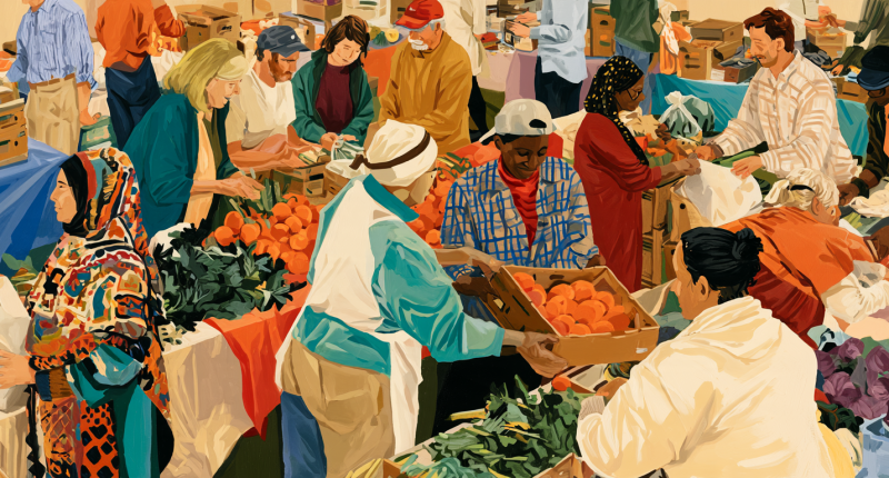 A colorful interfaith service scene with Latter-day Saint and Muslim volunteers providing food to Midwestern neighbors.