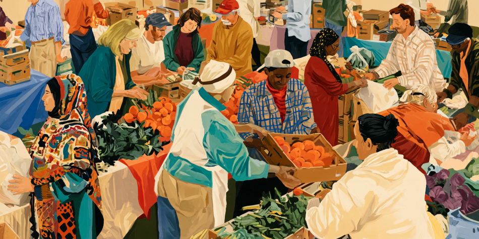 A colorful interfaith service scene with Latter-day Saint and Muslim volunteers providing food to Midwestern neighbors.