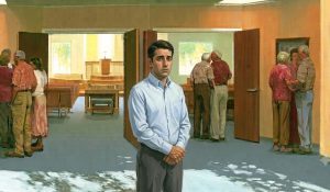 A man stands feeling judged at church while several small groups remain absorbed in their own conversations.