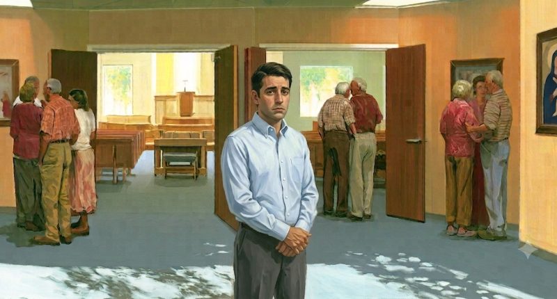 A man stands feeling judged at church while several small groups remain absorbed in their own conversations.