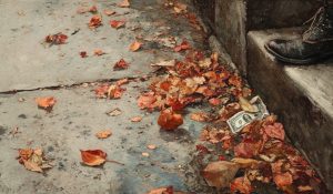 A five-dollar bill lies in autumn leaves on a sidewalk as a passerby pauses, evoking reflection on core values.