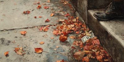 A five-dollar bill lies in autumn leaves on a sidewalk as a passerby pauses, evoking reflection on core values.