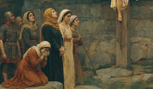 Mary and others stand beneath the cross on Golgotha, reflecting forgiveness in a clearly crucifixion setting.