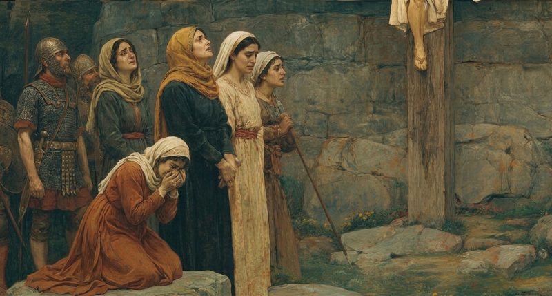 Mary and others stand beneath the cross on Golgotha, reflecting forgiveness in a clearly crucifixion setting.