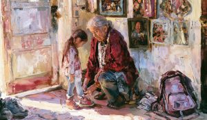 A grandmother helping a child prepare for school in a kinship care home within the foster care system.