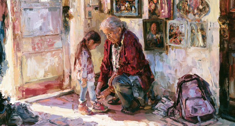 A grandmother helping a child prepare for school in a kinship care home within the foster care system.