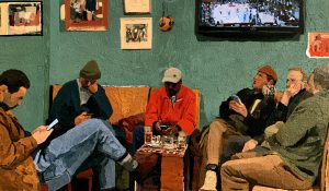 Men focused on phone betting in a sports bar during a basketball game illustrates gambling addiction.