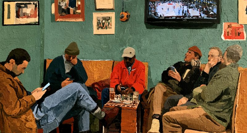 Men focused on phone betting in a sports bar during a basketball game illustrates gambling addiction.
